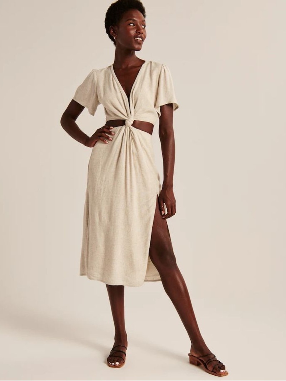 Abercrombie & Fitch Neutral Twist-Front Cutout Midi Dress -XS